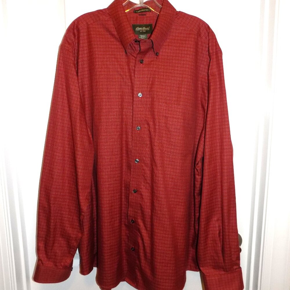 EDDIE BAUER Rust Red Orange Plaid Button Down Shirt XL Tall Wrinkle Resistant